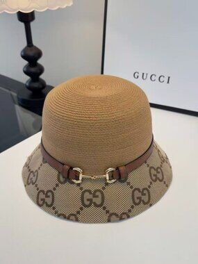 Gucci GG Monogram & Horsebit-Accent Straw-Paneled Bucket Hat